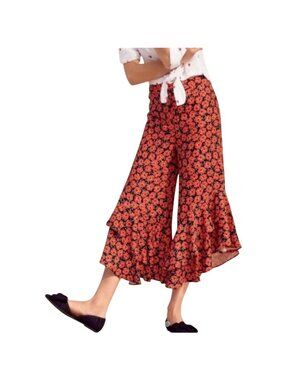 Anthropologie Women  Floral Ruffle Hem Cropped Pants US 4 UK 8 EU 36  Black/Red